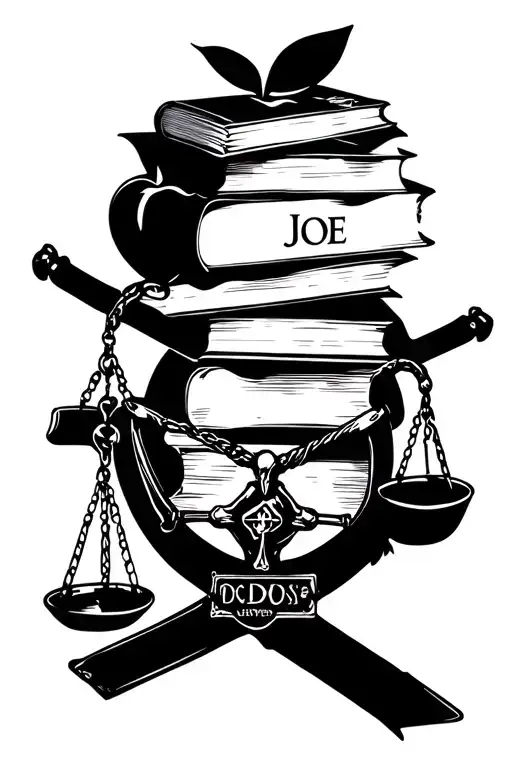 "JOE" Apple and books, dog tags, scales of justice, steering wheel, cross in negative space tattoo design idea