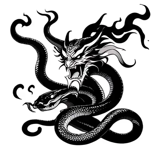 A Japanese demon with a snake that runs around, as a background of smoking tattoo design idea