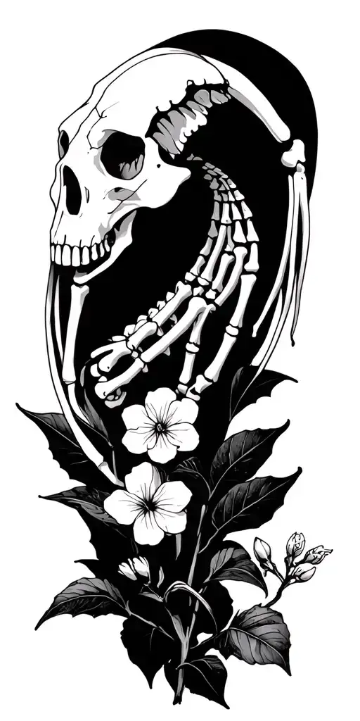finger bones, horse skull, bat skeleton, and a diphylleia grayi flower tattoo design idea