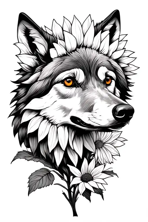 Sunflower floral wolf tattoo design idea