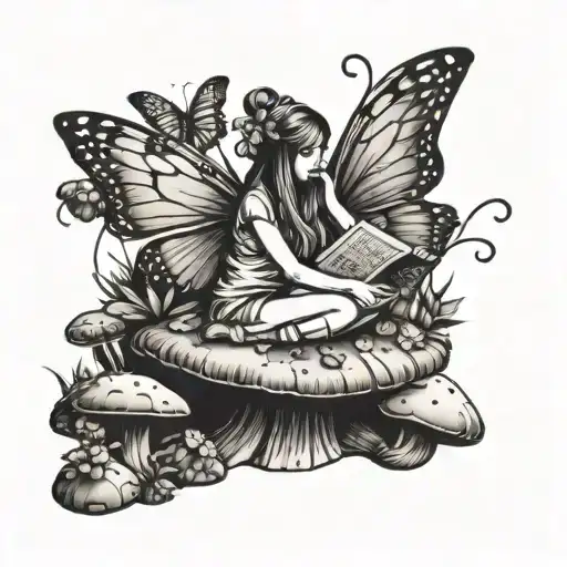 fairy sitting on a mushroom reading a book with butterflies flying around  tattoo design idea