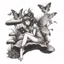 fairy sitting on a mushroom reading a book with butterflies flying around  tattoo design idea