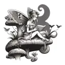 fairy sitting on a mushroom reading a book with butterflies flying around  tattoo design idea