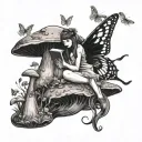 fairy sitting on a mushroom reading a book with butterflies flying around  tattoo design idea