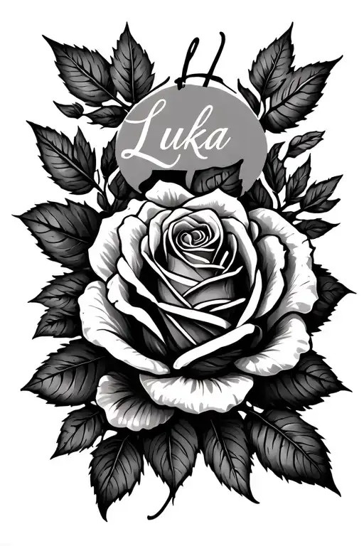 roses, leafs, name written luka tattoo design idea