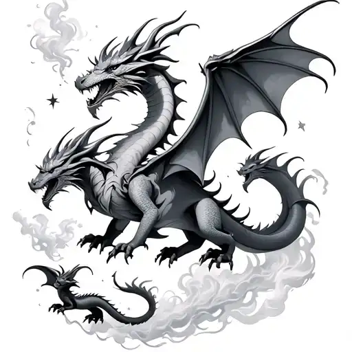 Large dragon flying with smaller dragons flying around it, add smoke and stars, feminine fine shading  tattoo design idea
