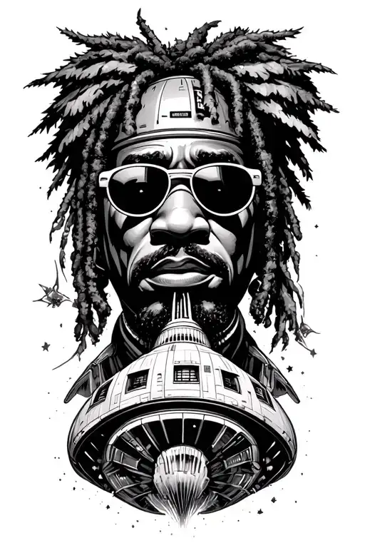 parliament spaceship flying and George Clinton  tattoo design idea