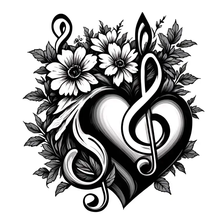 basic bass clef treble clef heart with flowers coming out of the top tattoo design idea