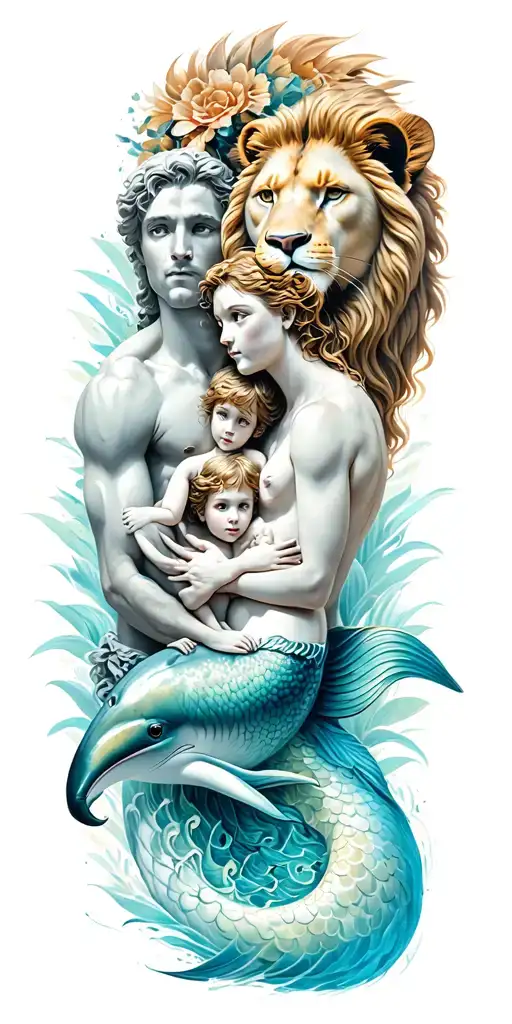 greek god and dolphin and lion and mermaid as a family tattoo design idea
