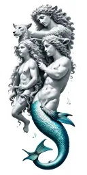 greek god and dolphin and lion and mermaid as a family tattoo design idea