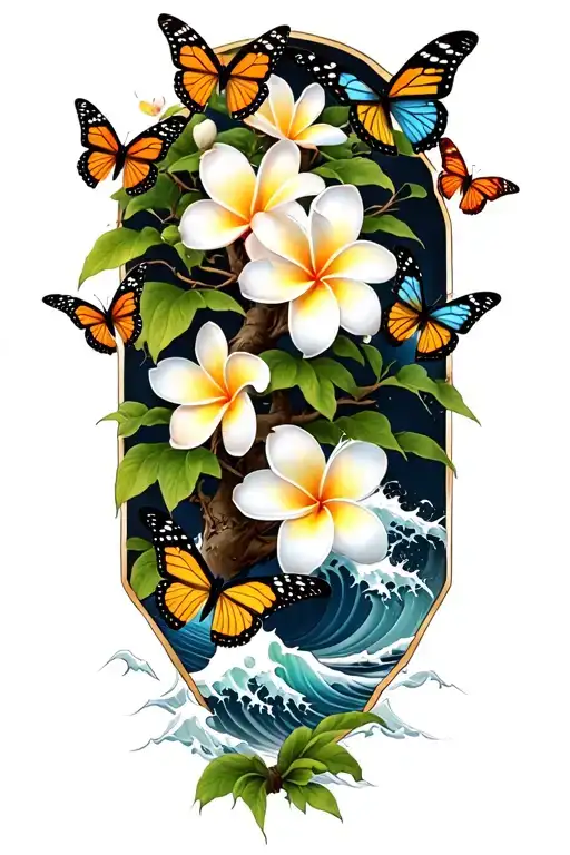 butterflies around a Frangipani tree with waves crashing tattoo design idea