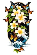 butterflies around a Frangipani tree with waves crashing tattoo design idea