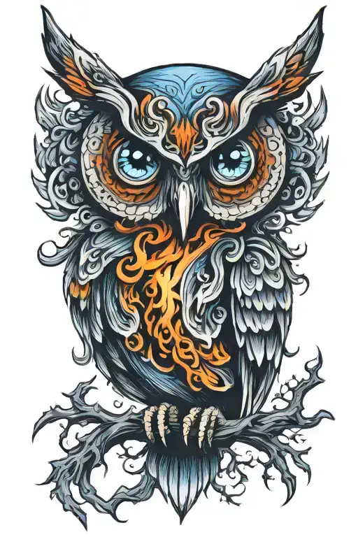  scary owl with blue eyes like fire tattoo design idea