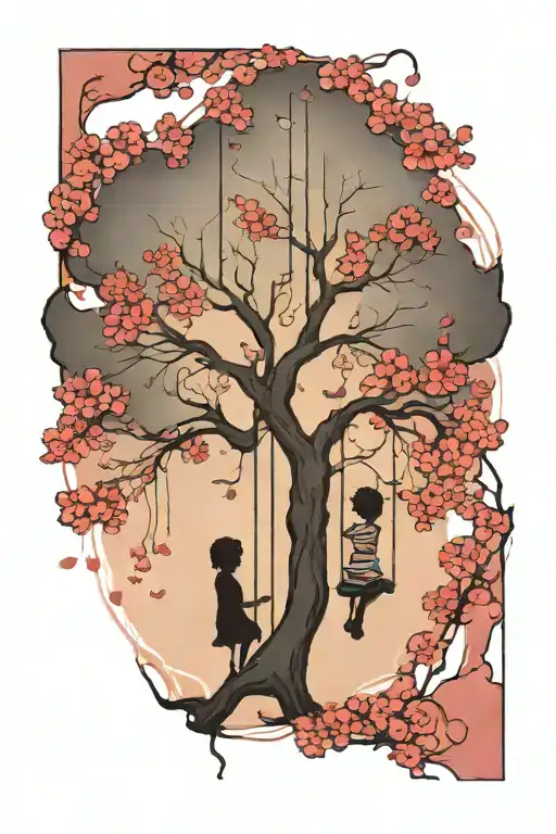 a swing hanging from a beautiful cherry tree with a little girl and a little boy holding hands as a silhouette. idea aro tattoo design idea