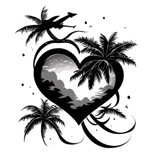 palm tree, plane, heart tattoo design idea