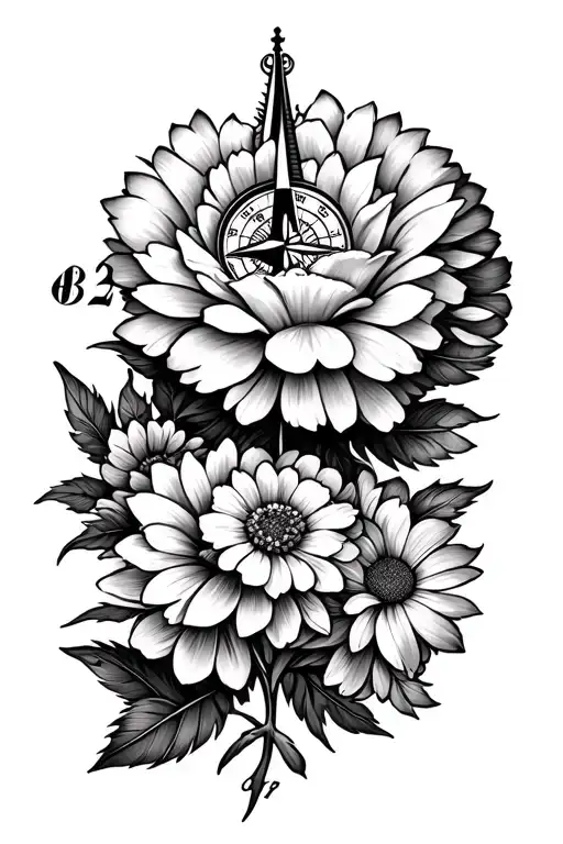 MOUNTAINS, COMPASS, 21, 06, 1, BRAILLE, CANADA, GERMANY, A, D, STUCK ON YOU, FEATHERS, CARNATION, Chrysanthemum, DAFFODI tattoo design idea