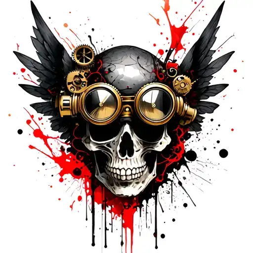 A gothic steampunk skull with brass goggles, clockwork mechanisms, and mechanical wings tattoo design idea