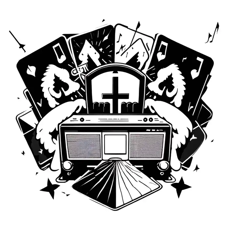 iglesia ni cristo church, music symbol, radio, angels singing, lightnigs, computer stuffs, geometrics all over, cards tattoo design idea