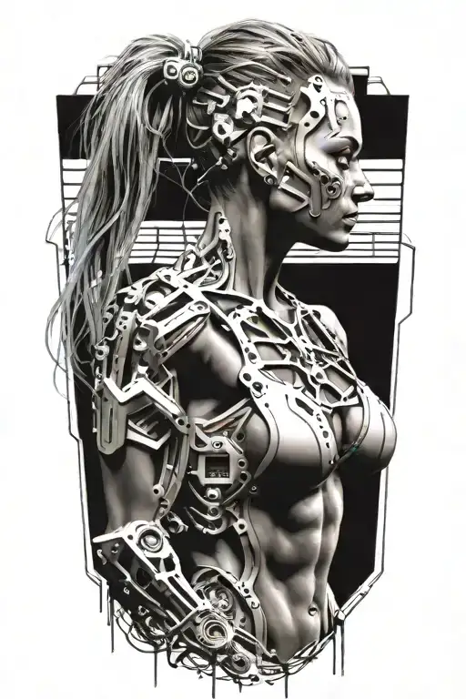 bodybuilder muscular women with technology circuits merging tattoo design idea