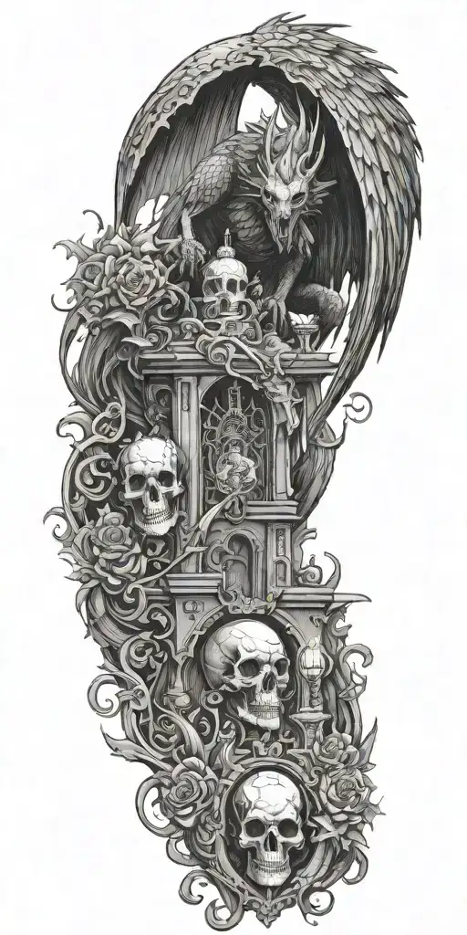 fantasy sleeve; large badass dragon. gothic castle, a raven perched on a skull, the tarot card "the reader", the suriel tattoo design idea