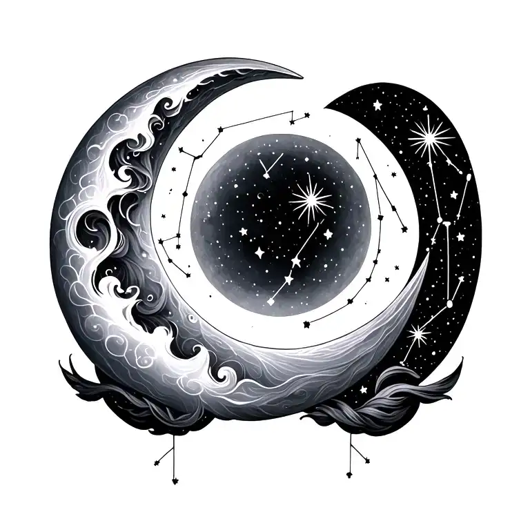Crescent moon, Aries and Libra constellations, shooting stars, black & grey, delicate shading tattoo design idea