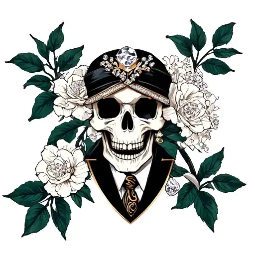 skull with vvs diamonds and gucci suit tattoo design idea