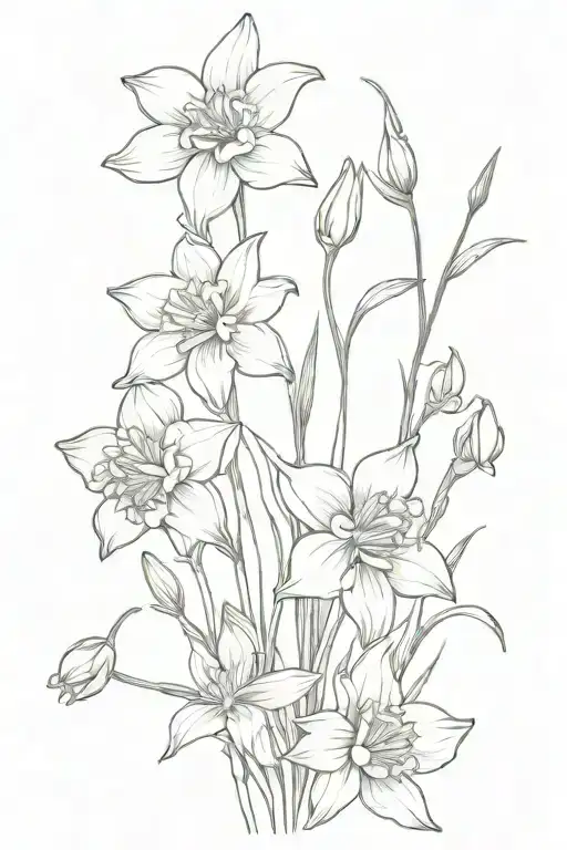 flower bouquet of these flowers: daffodil, cosmo, water lily, Larkspur and morning glory  tattoo design idea