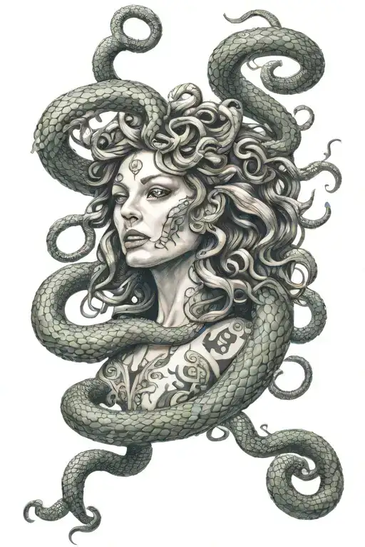 the terrifying Gorgon Medusa, with snakes instead of hair, with shiny scales on her body, copper hands, nails, white eyes tattoo design idea