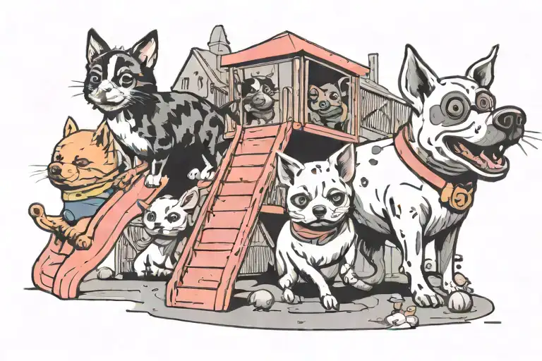 playground with a slide a dog, cat, pig and a minion tattoo design idea