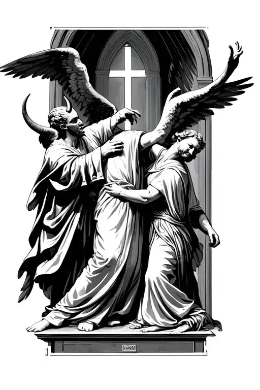 robed angels and horned demons fighting in a catholic church tattoo design idea