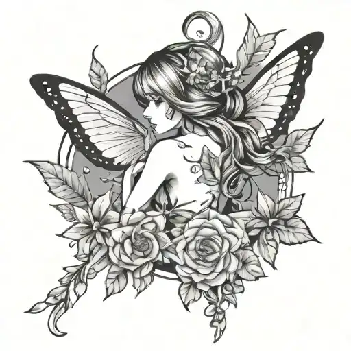 fairies and lines on shoulder blade cute tattoo design idea