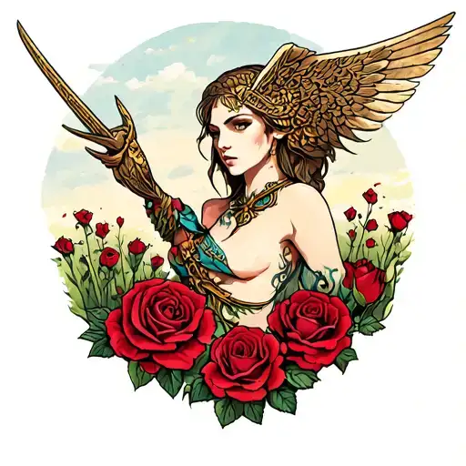 valkyrie in a field of roses tattoo design idea