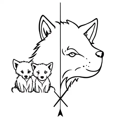 half-head of a wolf on the right and 2 half-heads of wolf cubs on the left separated by an arrow. tattoo design idea
