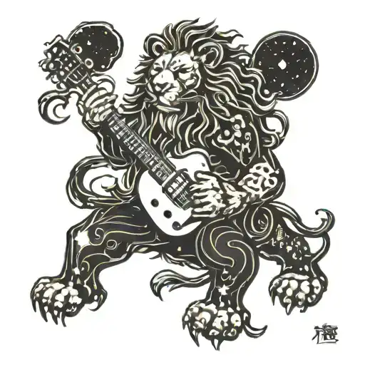A cosmic lion constellation merging with a guitar, symbolizing the client's love for rock music and astrology tattoo design idea