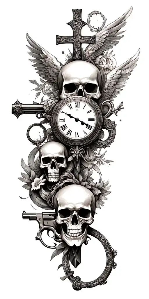 skulls, clocks, guns, cross, st michael tattoo design idea