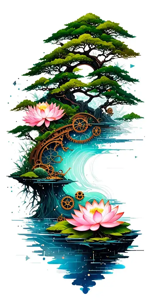 random constellation & layered Japanese landscape of trees,water,bamboo,lotuses,and wood mechanical gears. tattoo design idea