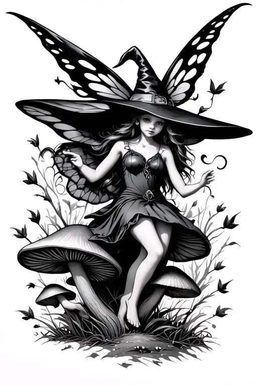 pretty elegant little witch fairy hovering above mushrooms tattoo design idea