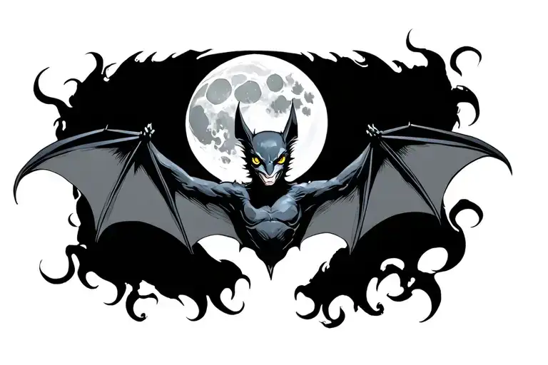 bat flying moon surrounded tattoo design idea