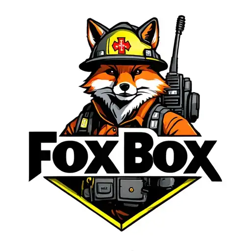 "Fox Box" "Fox Box" Tough looking fireman fox wearing firefighting gear with radio equipment. Helmet has maltese symbol tattoo design idea