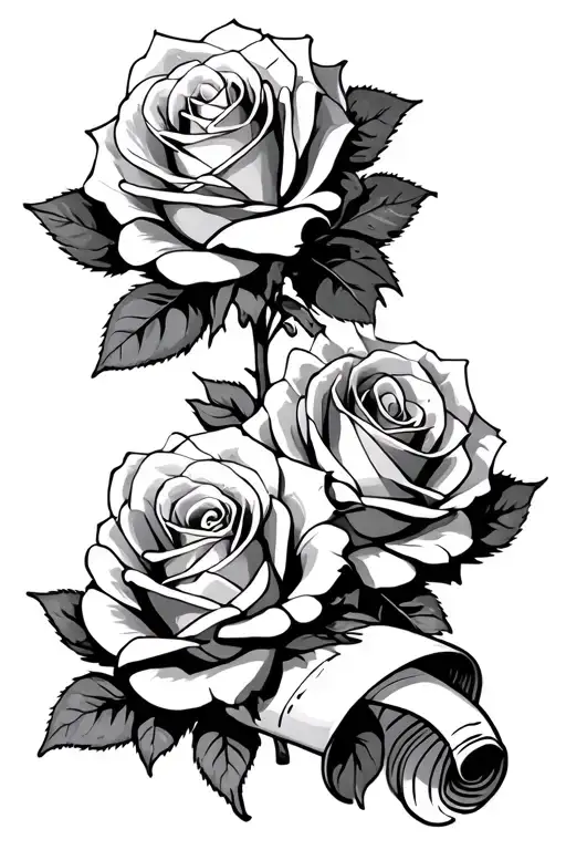 three roses with a scroll unraveling from them tattoo design idea