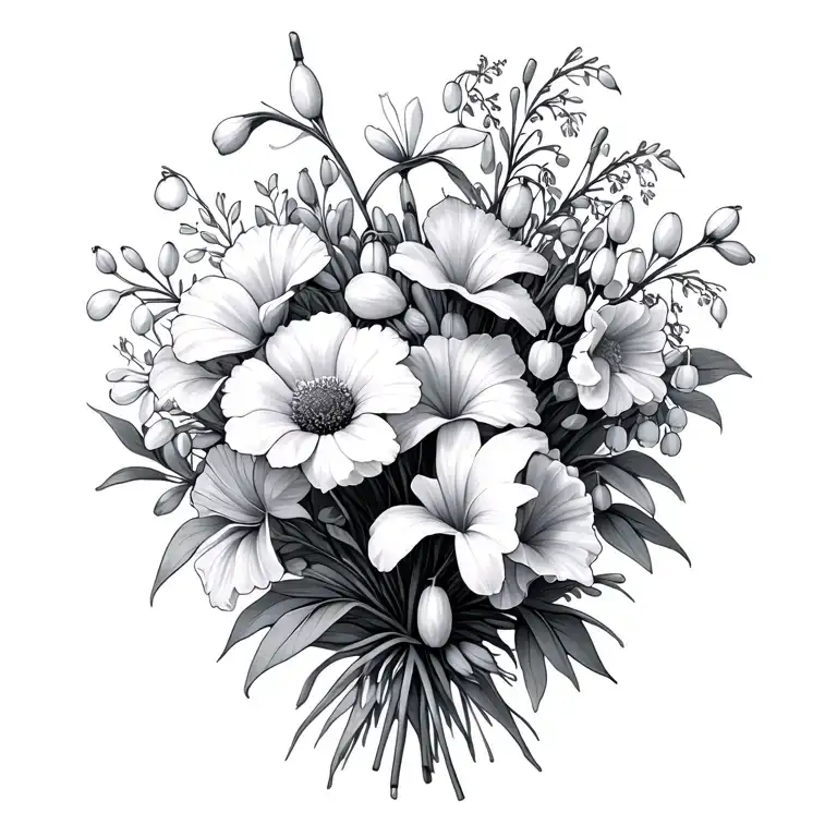 bouquet with Snow Drops, Carnation, Violet, Daisy, Lily of the Valley, Rose, Larkspur, Gladiolus, Morning Glory, Chrisan tattoo design idea