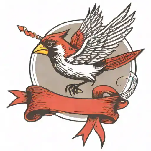 Cardinal bird in flight carrying ribbon  tattoo design idea