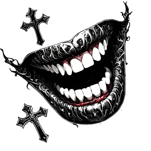 Ken Carson inspired, vampire teeth with Christian cross tattoo design idea