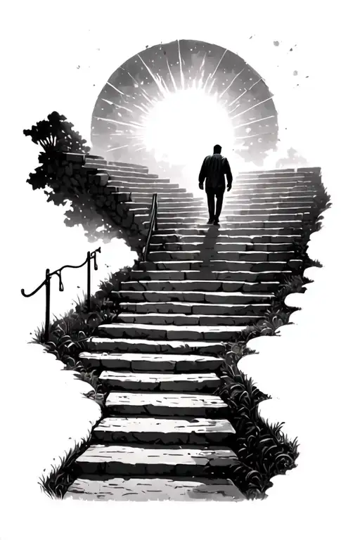 path leading to heaven with stairs, with a man alone from behind walking towards the light tattoo design idea