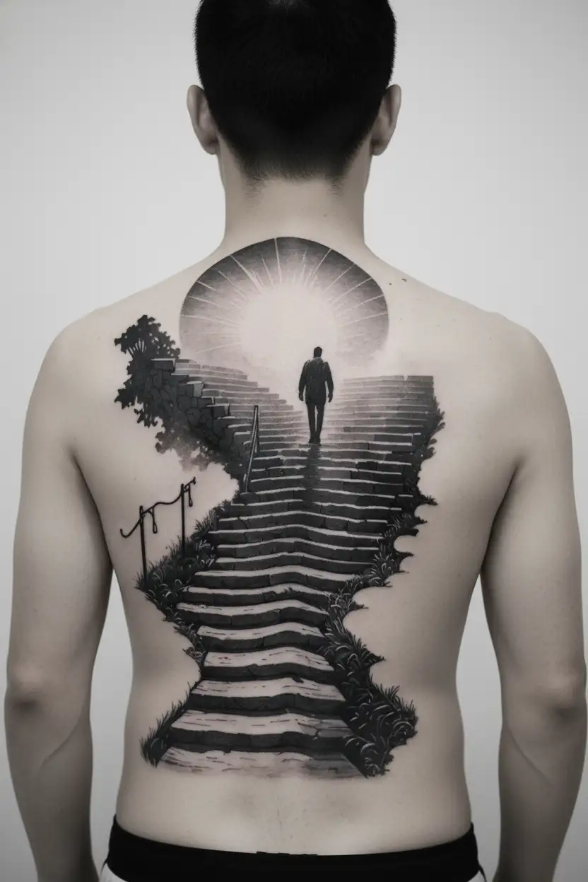 path leading to heaven with stairs, with a man alone from behind walking towards the light tattoo design idea