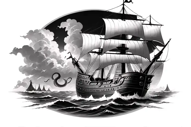galleon, storm, octopus attacking pirate ship tattoo design idea