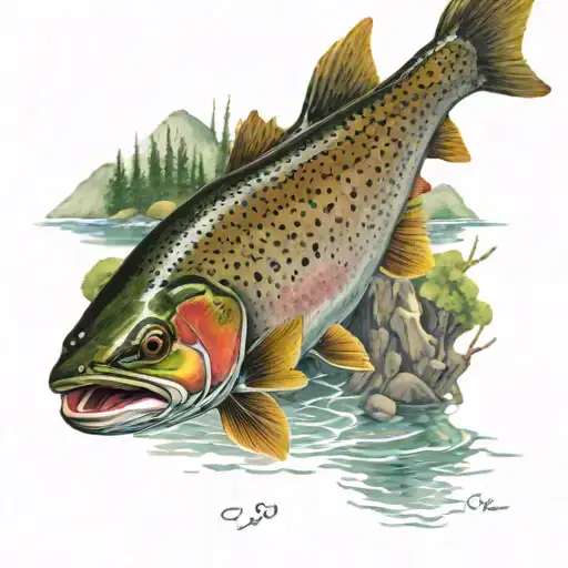 rainbow trout swimming near elk tattoo design idea