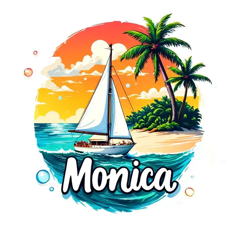 "Monica" "Monica" "Monica" white sailboat sailing away towards sunrise sky, ocean, island with palm, beach, bubble letters at bottom tattoo design idea