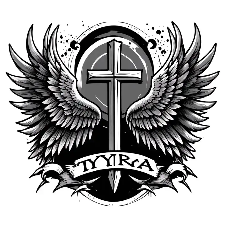 angle wings with a cross and in between that cross says tyra tattoo design idea