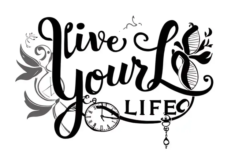 "Live Your Life" "Live Your Life" hourglass and pocket watch background creatures tattoo design idea
